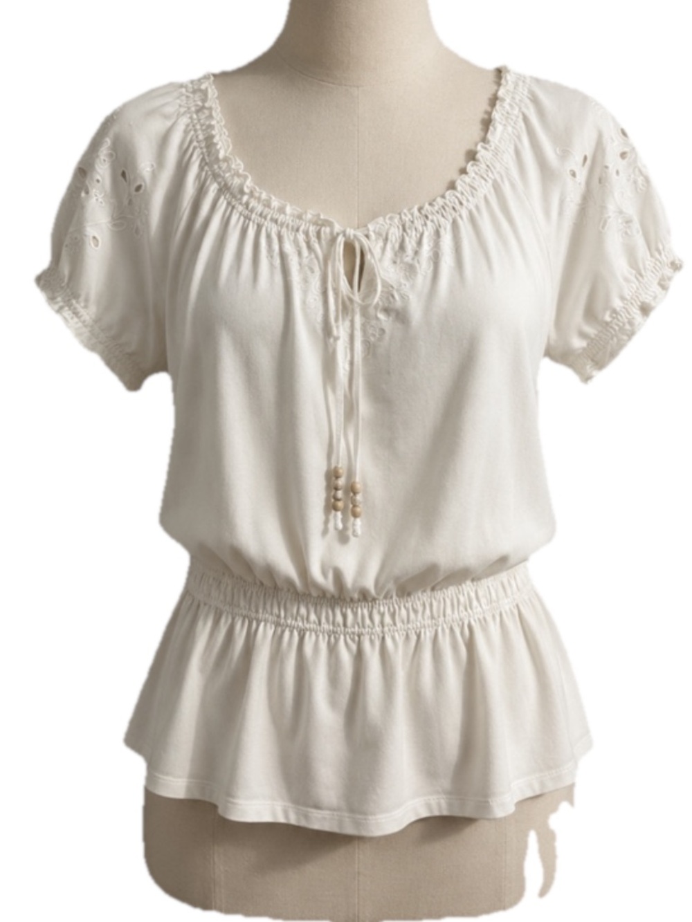 Croft &Barrow Off White Peasant Pullover Peplum Stretch Tie Neck Top Size L.